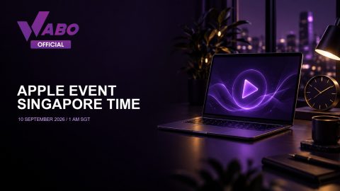 WABO Apple Event Singapore time cover with a conceptual laptop livestream and clock; 10 September 2026 at 1am SGT.