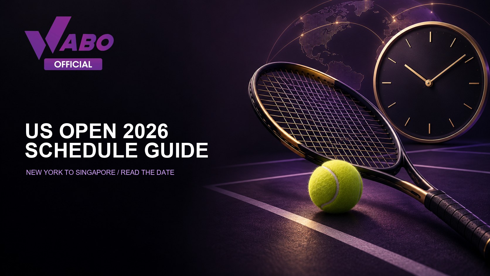 WABO US Open 2026 schedule guide cover with a conceptual tennis racket, ball and clock, not a photograph of the tournament.