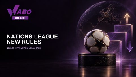 Concept illustration of a football and purple steps for a WABO guide to Nations League 2026/27 promotion rules; not a match photograph.