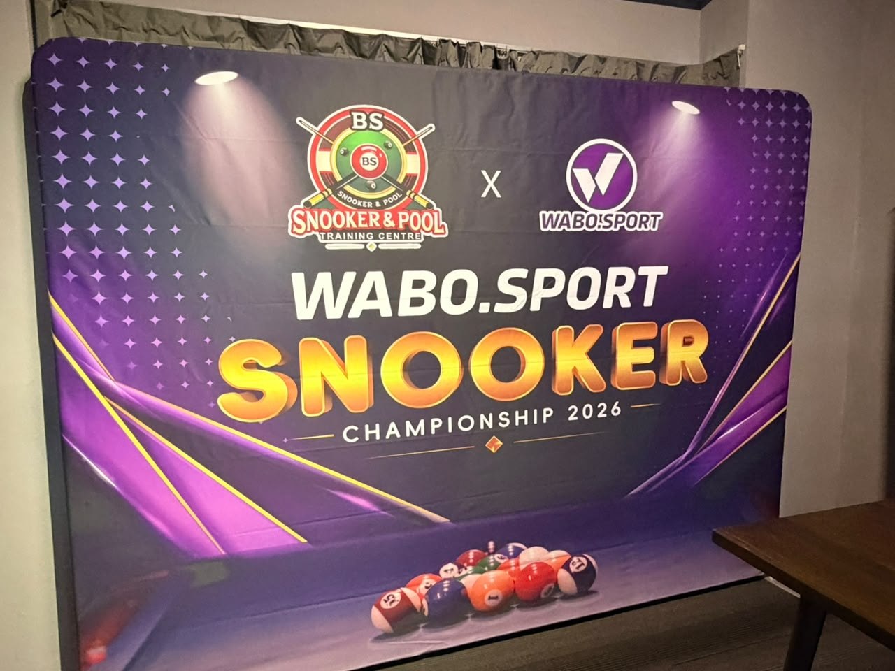 WABO Sport Snooker Championship 2026 event backdrop displaying the BS Snooker and WABO Sport logos