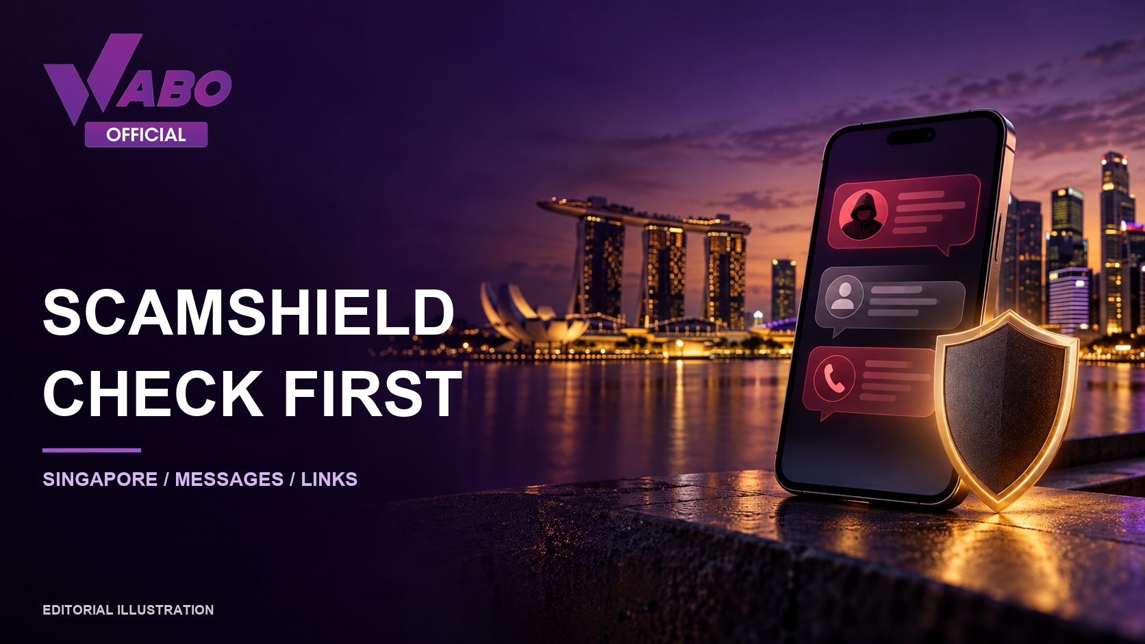 WABO SG editorial illustration of suspicious messages and the Singapore skyline