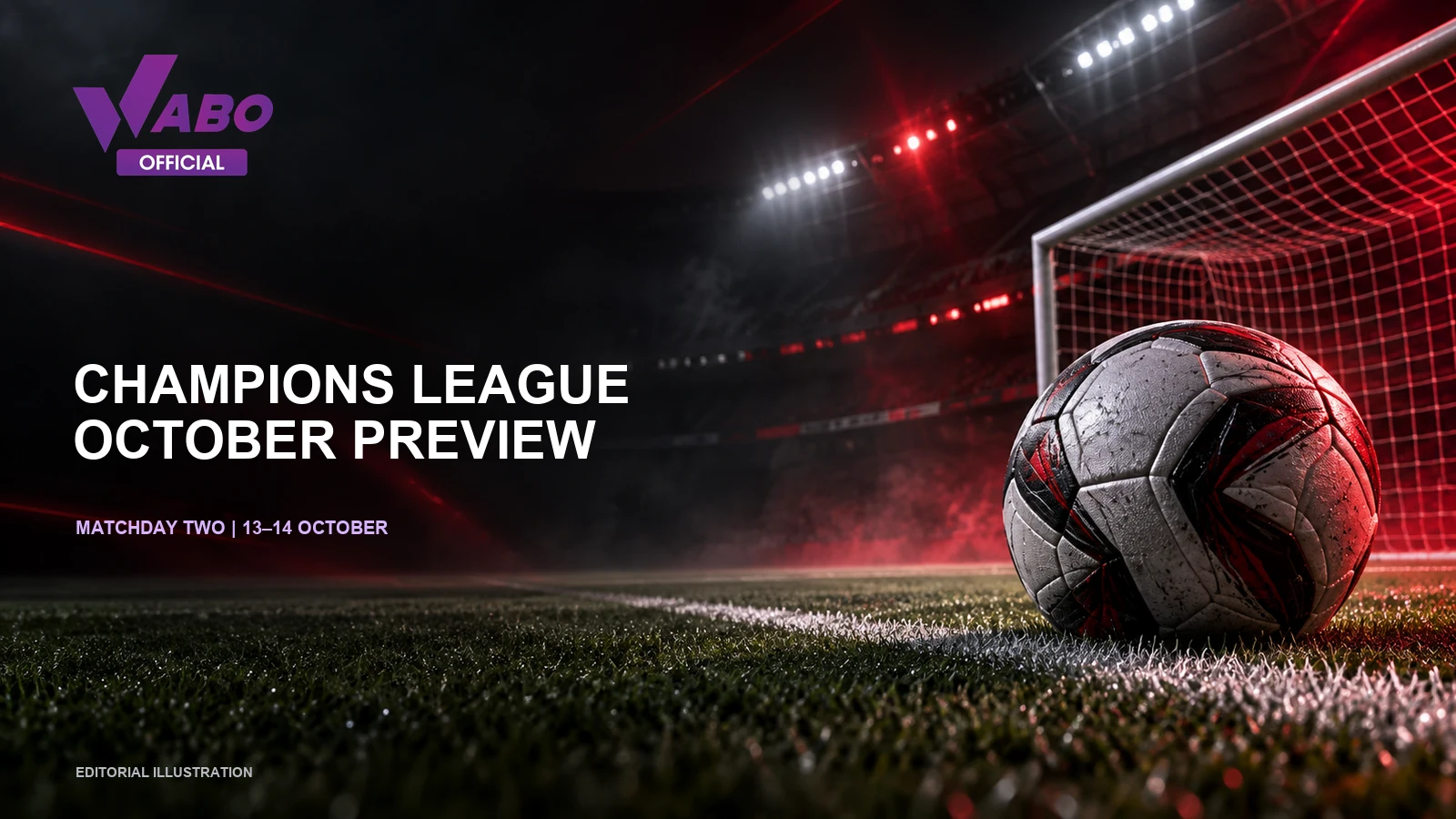 WABO editorial football illustration for the October 2026 Champions League preview