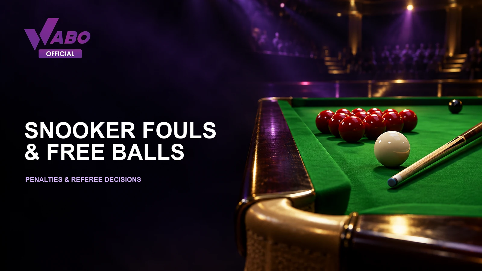 WABO Official snooker fouls and free balls cover with red balls, cue ball and cue on a green table.