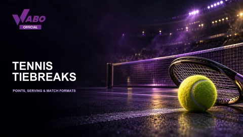 WABO Official tennis tiebreaks cover with a tennis ball, racket and net under purple and gold lighting.