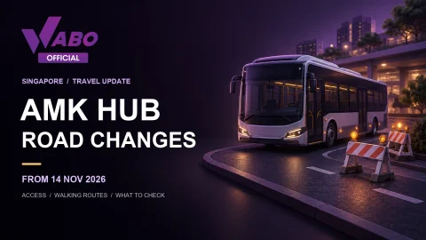 Illustration of a bus and roadworks beside the title AMK Hub Road Changes, from 14 November 2026.