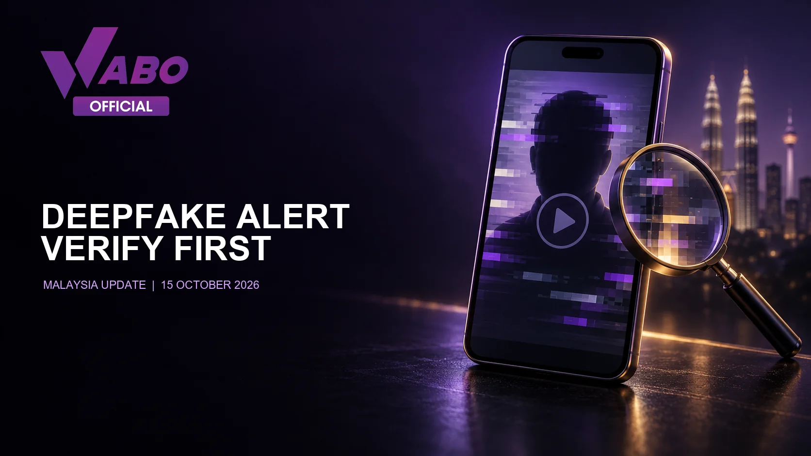 Concept illustration of a phone, obscured video portrait and magnifying glass beside the words Deepfake Alert: Verify First.