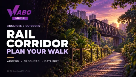 WABO concept illustration of a green Singapore heritage trail and railway bridge with Rail Corridor walking-guide text.