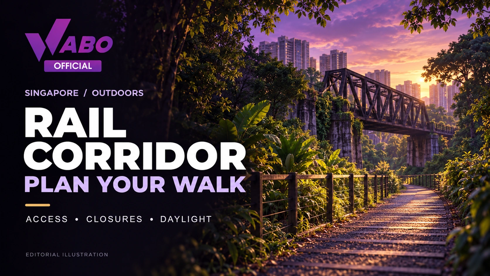 WABO concept illustration of a green Singapore heritage trail and railway bridge with Rail Corridor walking-guide text.