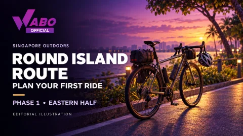 WABO editorial illustration of a touring bicycle beside a tropical waterfront path for a Singapore Round Island Route guide.