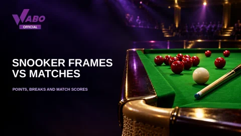 Red snooker balls, a cue ball and cue on a green table under purple and gold lights, with the title Snooker Frames vs Matches.
